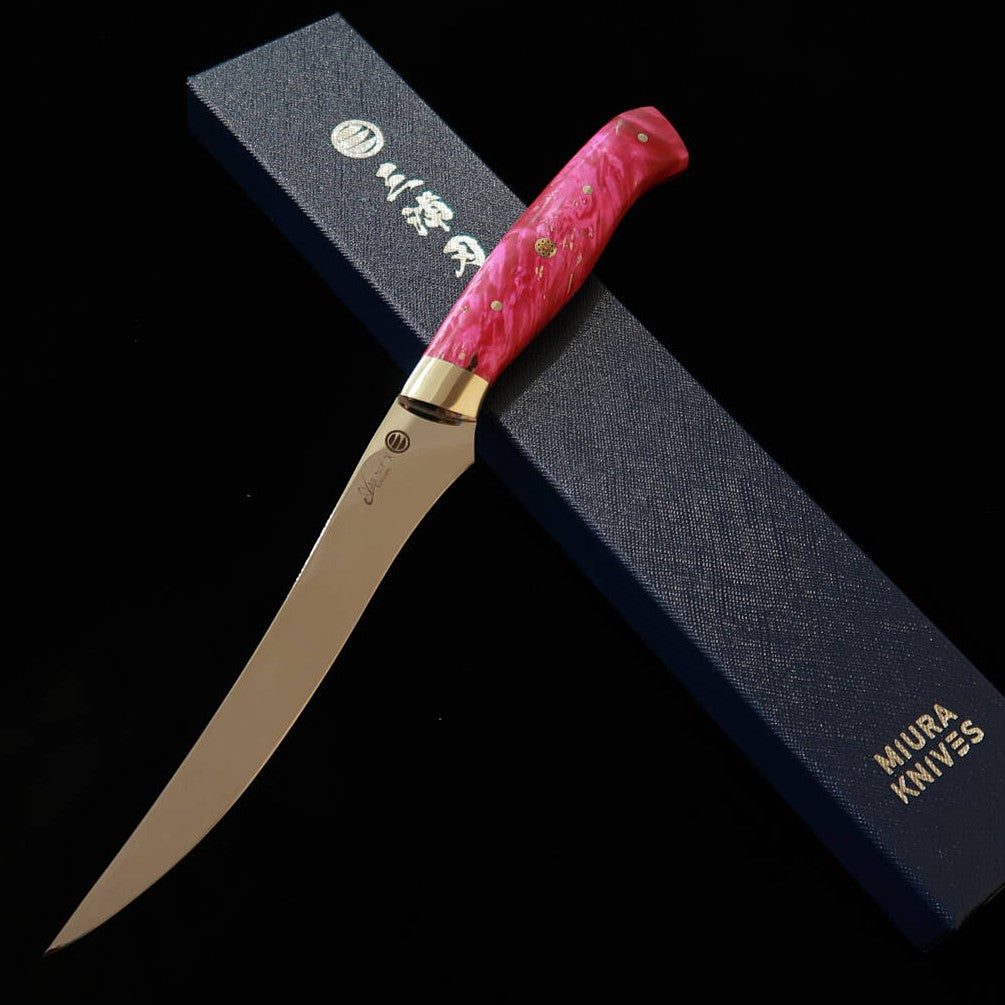 Asurah Knives × 三浦 MIURA SUS420J2  鏡面仕上げ カスタムハンドル ピンク フィレナイフ (160mm)