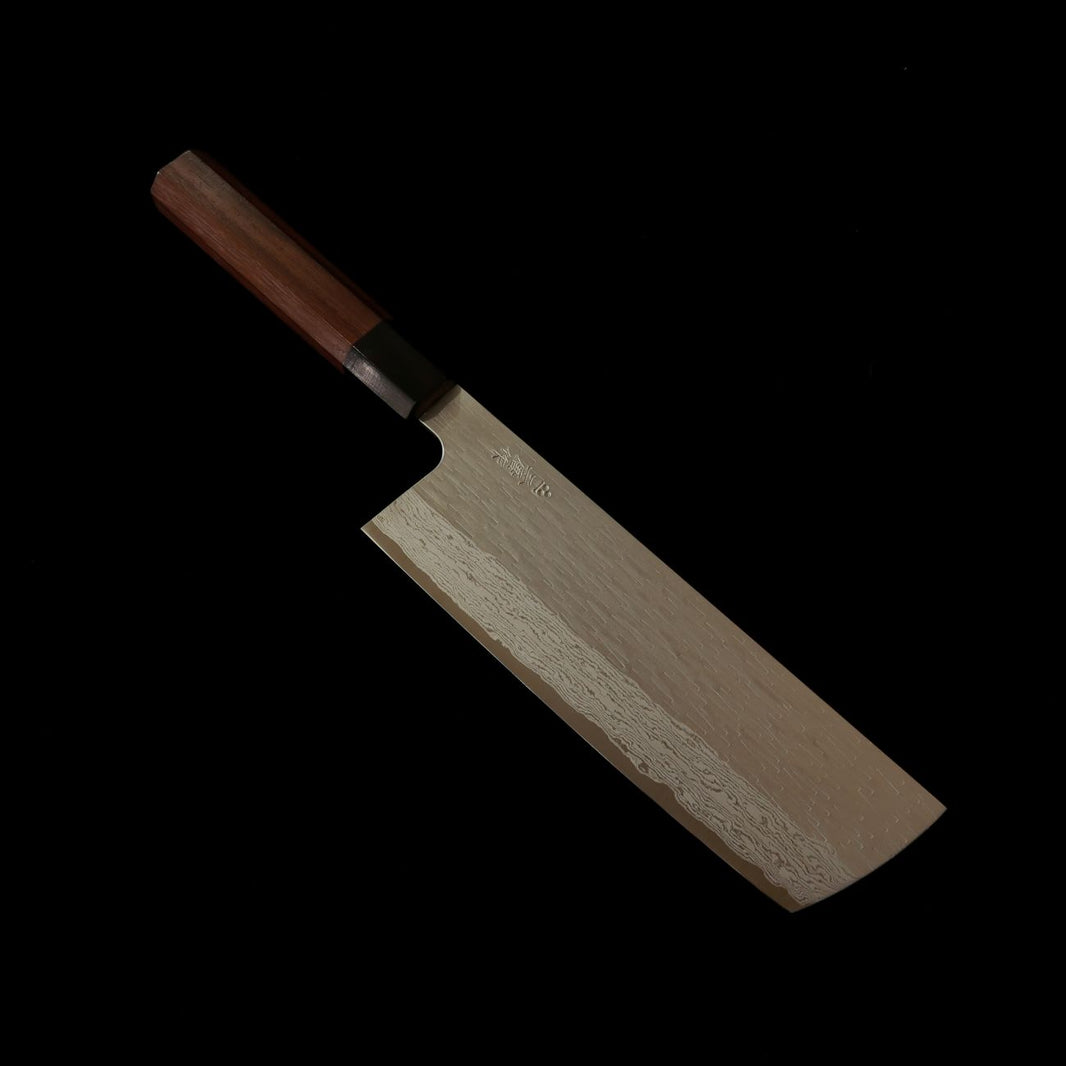 二唐刃物鍛造所NIGARA VG XEOS 槌目ダマスカス 菜切 紫檀柄（180mm）