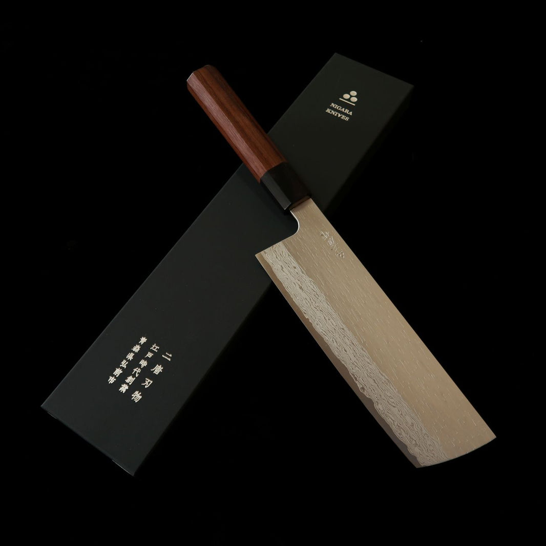 二唐刃物鍛造所NIGARA VG XEOS 槌目ダマスカス 菜切 紫檀柄（180mm）