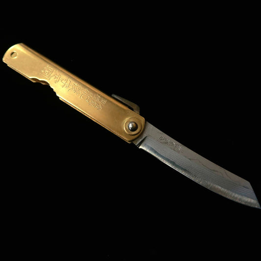 HIGONOKAMI Couteau pliant - Acier multicouche, manche en laiton, taille L (livré dans une boîte en paulownia)