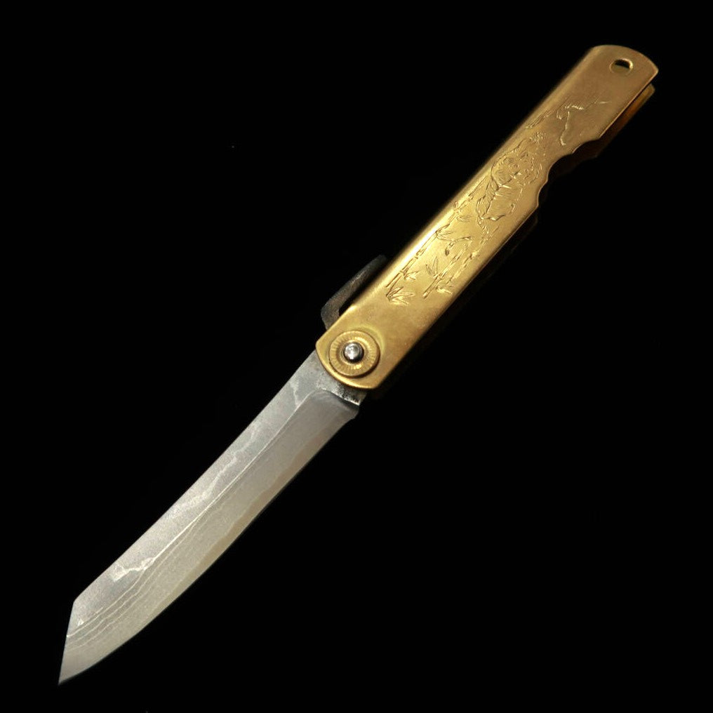 Folding knife HIGONOKAMI Multilayer Steel with Brass Handle, Large, in Paulownia Wood Box