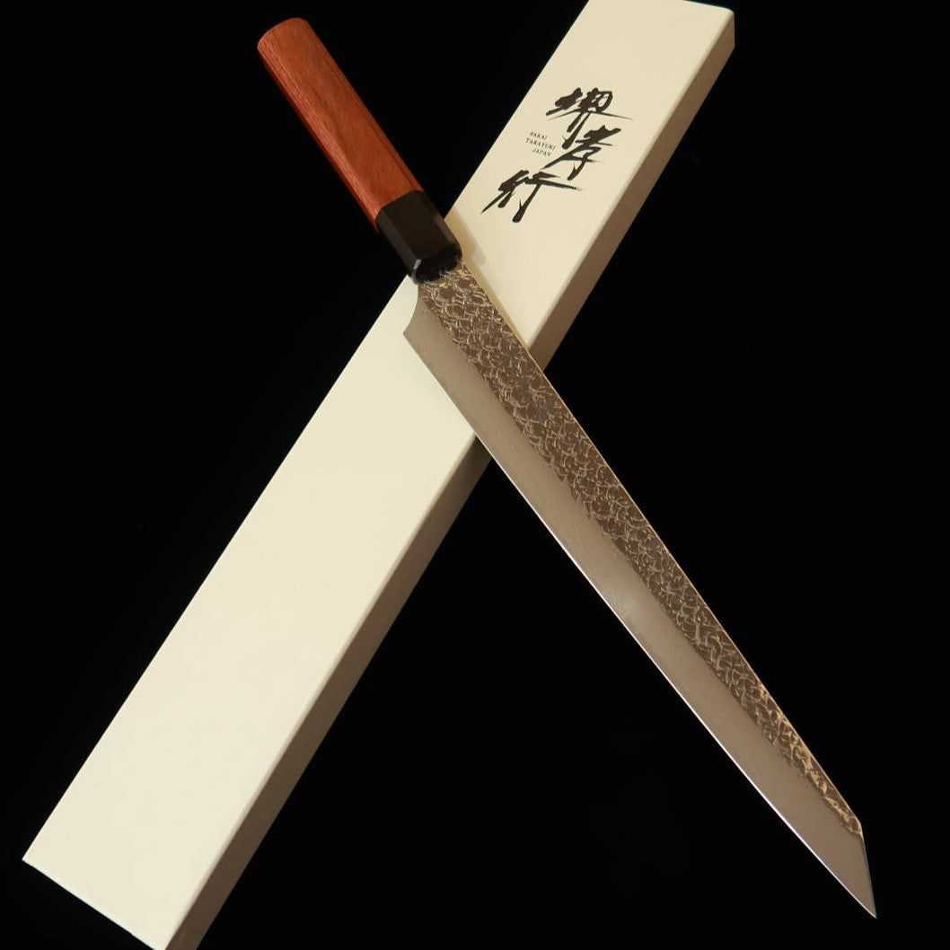 SAKAI TAKAYUKI Kengata Yanagiba, SG2 33-Layer Damascus Tsuchime, Octagonal Rosewood Handle (270mm)