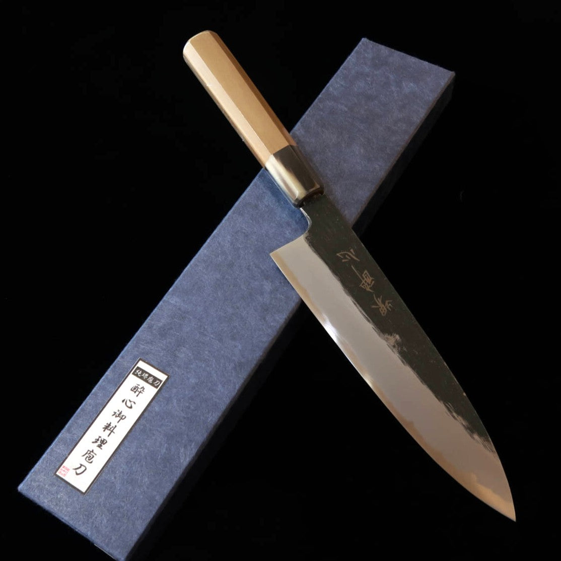 SUISIN Suisin obra de Kenji Togashi forja preta Shirogami nº2 Gyuto cabo octogonal de magnólia com ferrule de chifre branco (210/240mm)
