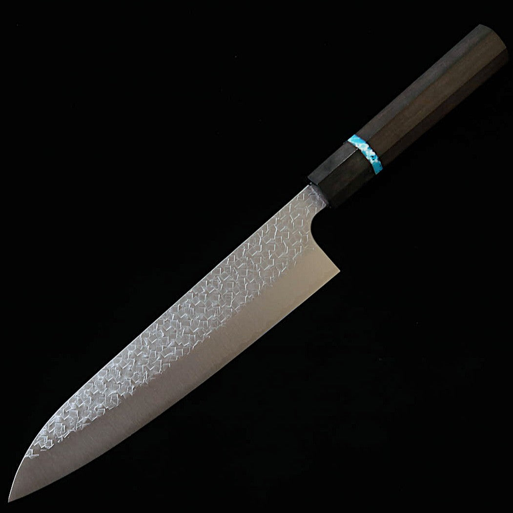 Miura (三浦) Couteau de chef (Gyuto) SG2 martelé, avec manche octogonal en ébène et turquoise （210mm）