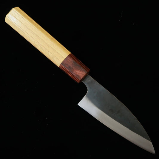 Couteau Ajikiri MIURA, acier Aogami n°1, finition noire forgée (Kurouchi), revêtement en acier inoxydable (Stainless Clad), manche octogonal en bois de Keyaki (Zelkova), 105/145 mm