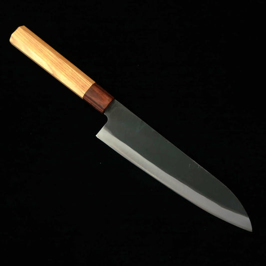 Couteau de chef (Gyuto) MIURA, acier Aogami n°1, finition noire forgée (Kurouchi), revêtement en acier inoxydable (Stainless Clad), manche octogonal en bois de Keyaki (Zelkova), 210 mm