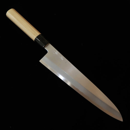 Couteau Gyuto Miura Obidama - Lame Simple Tranchant (Kataba), Acier Shirogami n°2 (Blanc n°2), Finition So-Bokashi, Manche Octogonal en Magnolia (210/240 mm)