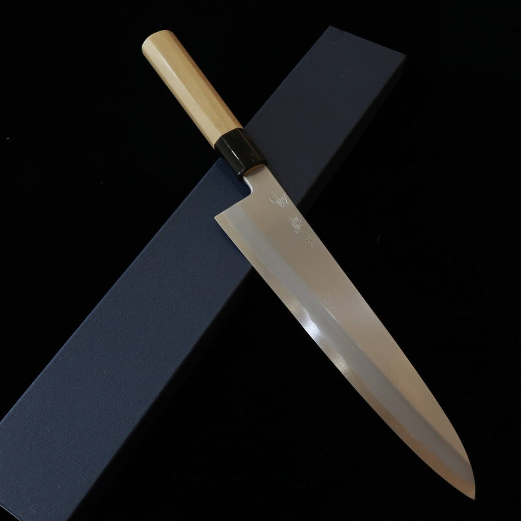 Couteau Gyuto Miura Obidama - Lame Simple Tranchant (Kataba), Acier Shirogami n°2 (Blanc n°2), Finition So-Bokashi, Manche Octogonal en Magnolia (210/240 mm)