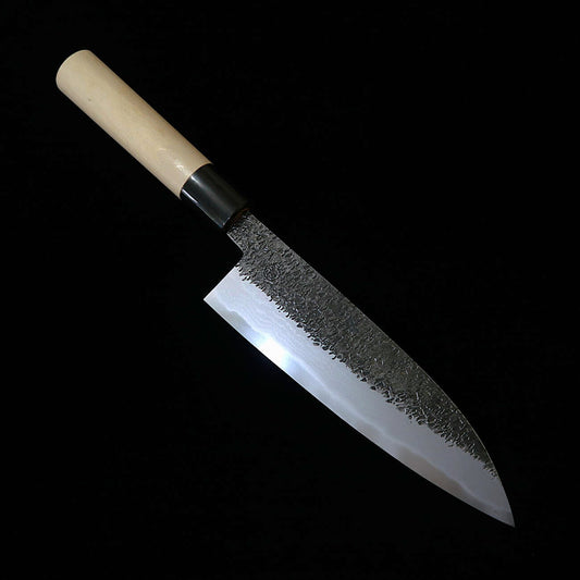 Miyazaki Kajiya (宮崎鍛冶屋) Couteau de chef (Gyuto) en acier Blue Paper N°2 (青紙二号), avec revêtement multi-couches en fer doux - Tsubaki (Camélia) - avec manche ovale en bois de magnolia (Ho) （200mm）