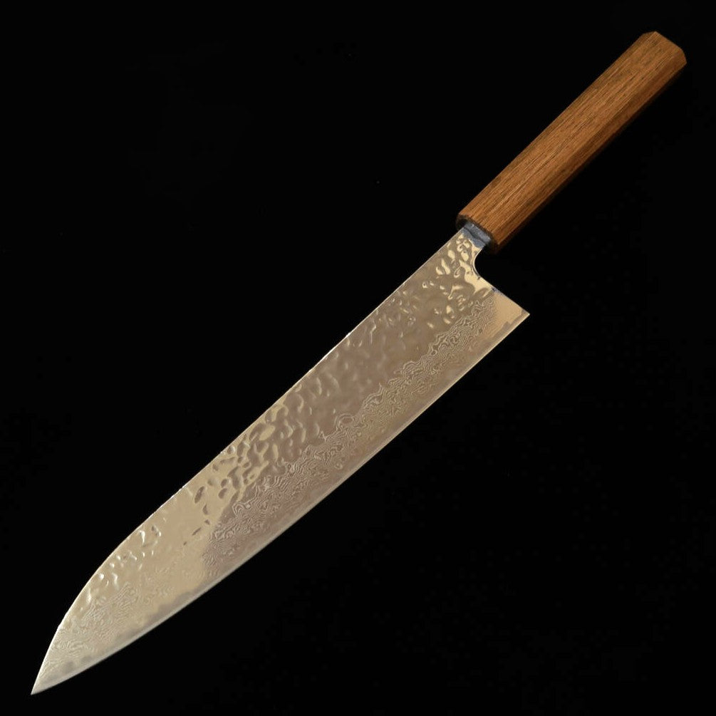 Couteau de chef (Gyuto) HADO Ohryu - Acier AUS-10, Finition martelée et polissage miroir Damas - Manche en chêne brûlé (240 mm)
