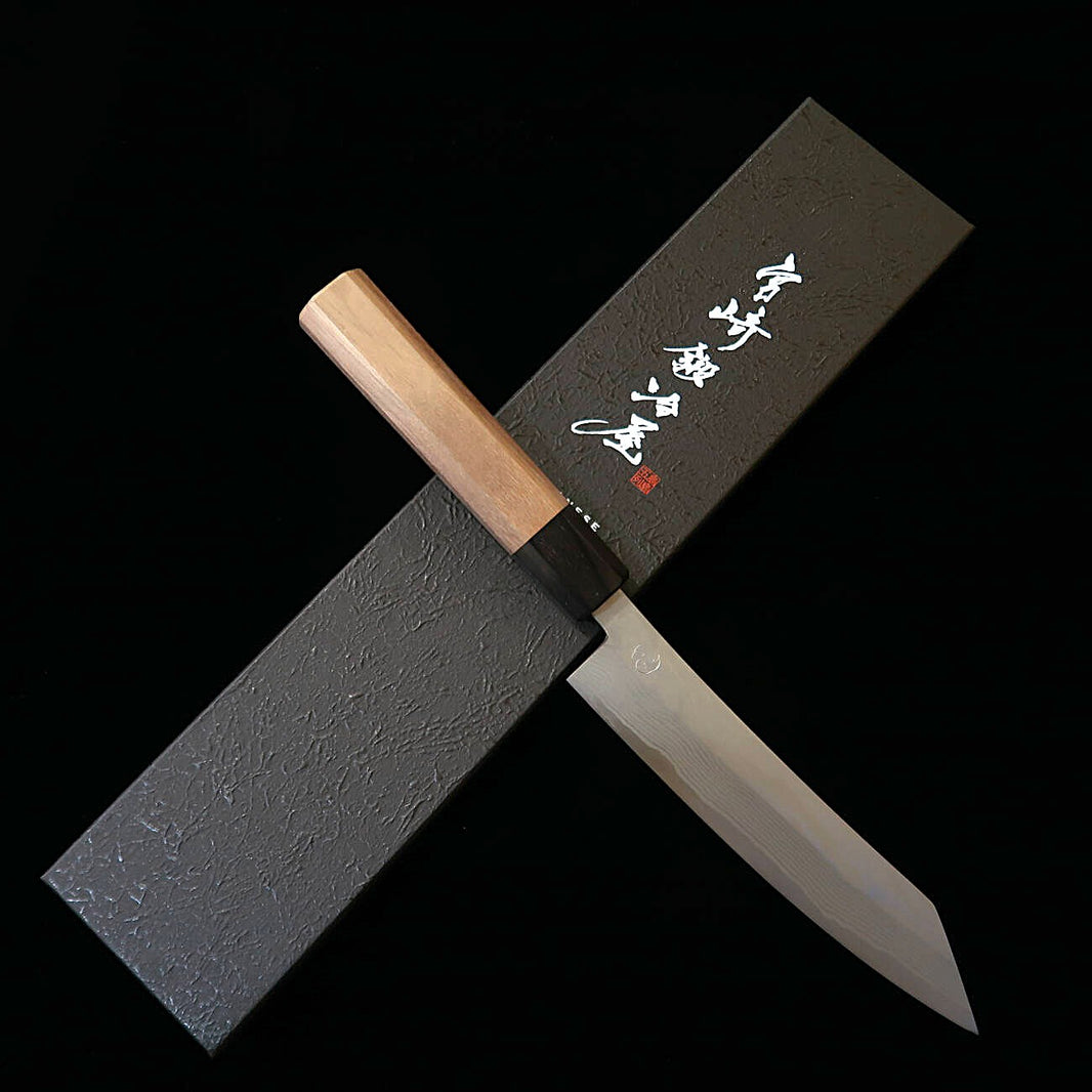 宮崎鍛冶屋  MIYAZAKI KAJIYA 銀紙三号 鎚目ダマスカス サブゼロ - 椿 - 切付ペティ - 胡桃八角柄（170mm）