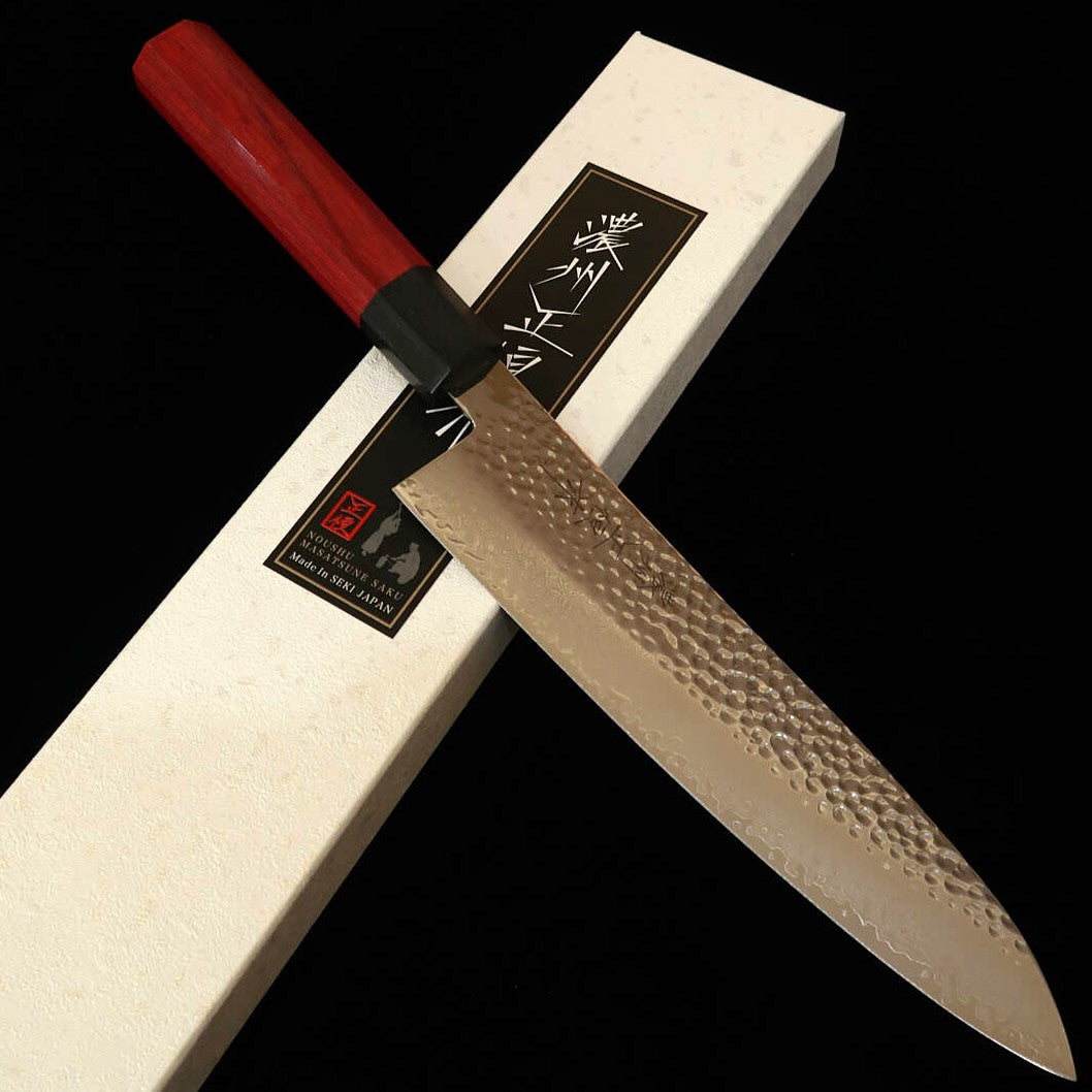 V.ROAD Nosyu Masamune Gyuto, VG10 Tsuchime 33-Layer Damascus, Laminated Reinforced Handle Red x Black (210mm)