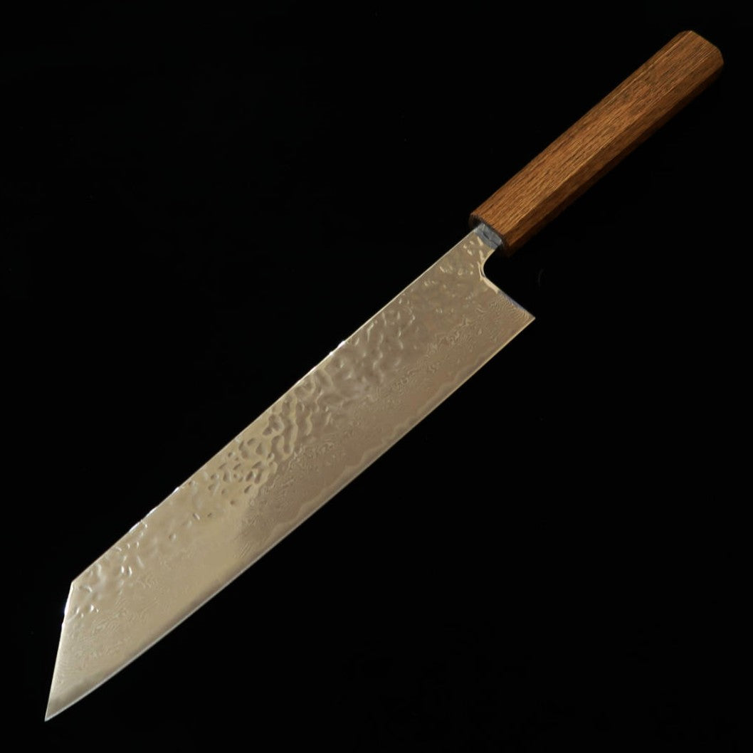 Couteau Kiritsuke Gyuto HADO Ohryu - Acier AUS-10, Finition martelée et polissage miroir Damas - Manche en chêne brûlé (240 mm)