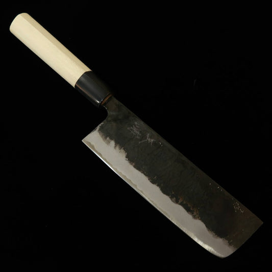 三浦 MIURA 鍛造菜切包丁 白紙二号 黒打 水牛縞柄 （170mm）