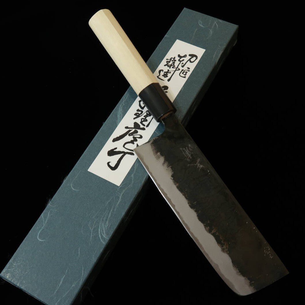 MIURA Forged Nakiri, Shirogami no. 2, Kurouchi with Water Buffalo Horn Handle (170mm)
