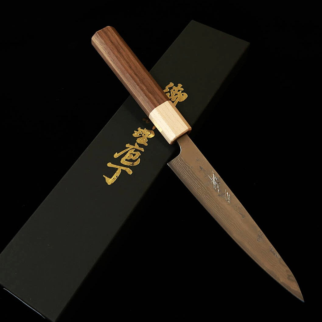 MIURA Miura, petty, acero sueco, damasco de níquel de 33 capas, acabado tipo papel japonés, mango de arce con boca de nogal (135 mm)