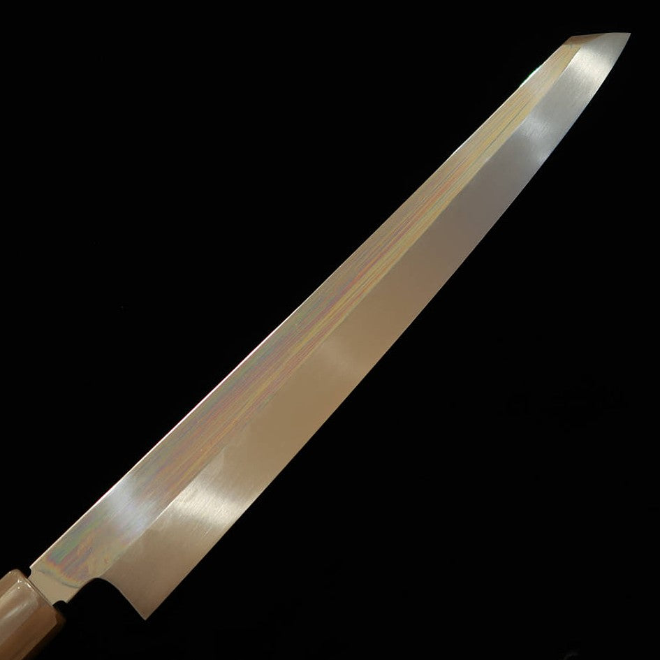 SUISIN – Œuvre de Miwa Ikeda – Acier blanc n°2, Yanagiba type ken, trempe à l’eau, manche octogonal en ébène, fourreau en bois de houx (300 mm)