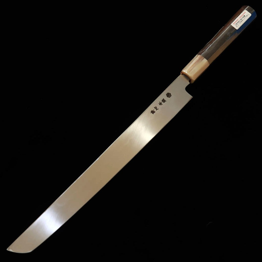 SUISIN – Œuvre de Miwa Ikeda – Acier blanc n°3, Tako-hiki à pointe arrondie, trempe intégrale, manche octogonal en ébène, fourreau en bois de houx (300 mm)