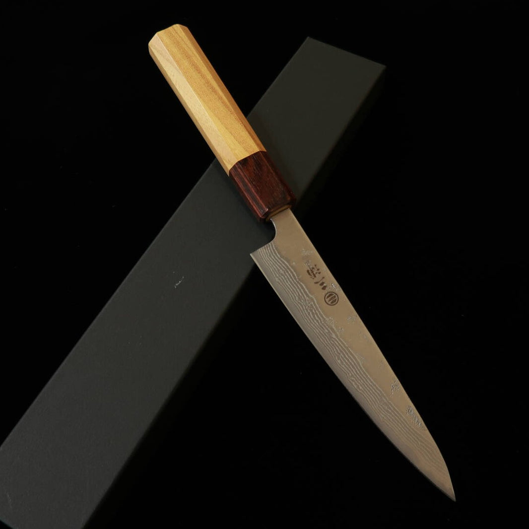 Miura MIURA petty acero sueco, acabado nacarado, damasco, mango octogonal de olmo japonés (135 mm)