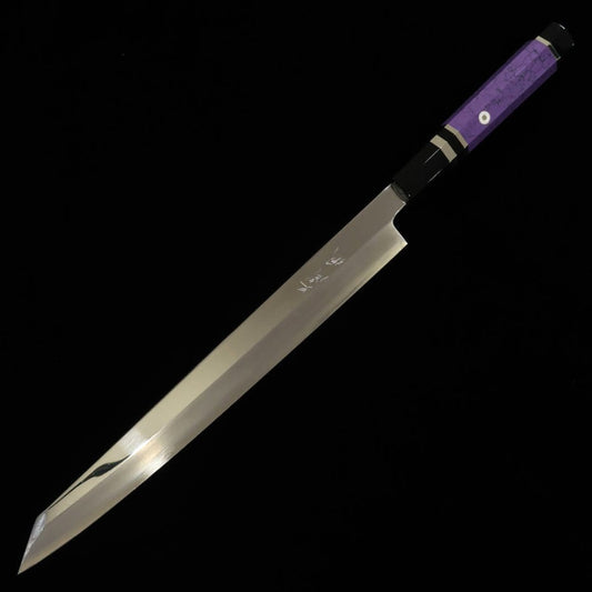 MIURA Obidama Kiritsuke Yanagiba Knife for Left Handed Gingami No. 3 Mirror Finish Custom Handle - Purple - (270/300mm)