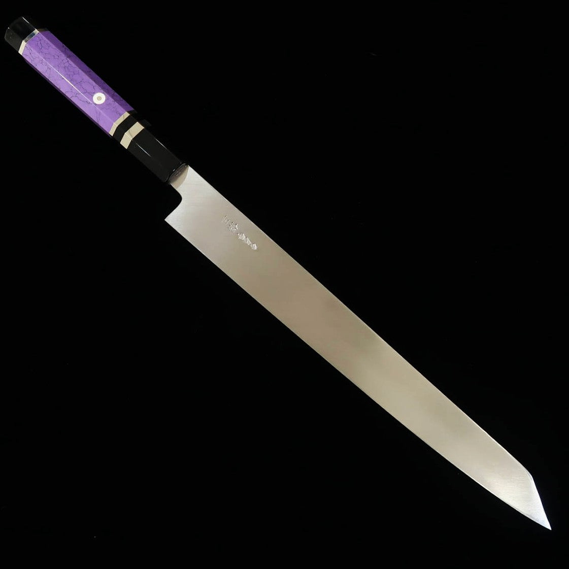 Kiritsuke Yanagiba MIURA OBIDAMA Nakagawa Satoshi, Ginsan acabado espejo, filo unilateral para zurdos, mango personalizado -púrpura- (270/300 mm)