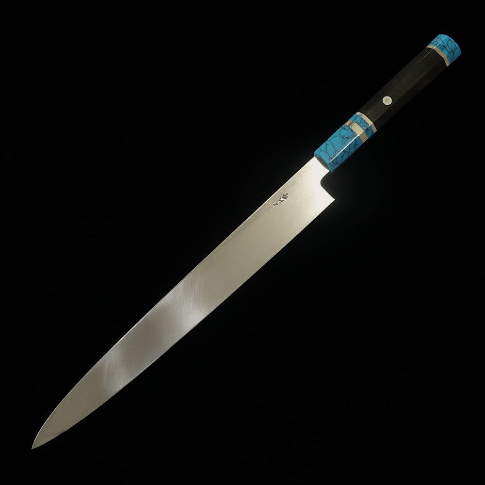 MIURA Obidama Yanagiba VG10, acabamento espelhado, cabo turquesa (270/300 mm)