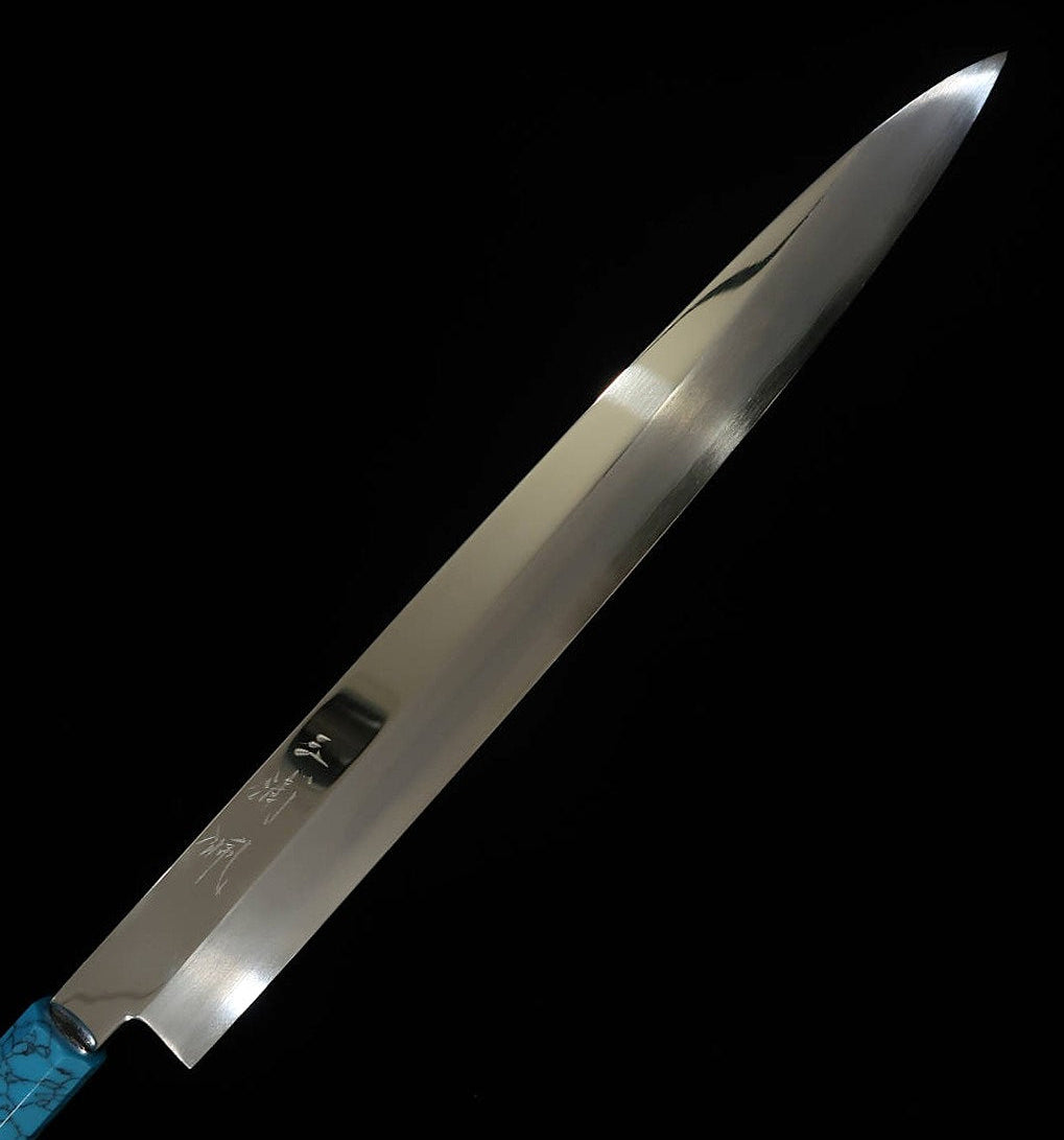 MIURA Obidama Yanagiba VG10, acabamento espelhado, cabo turquesa (270/300 mm)