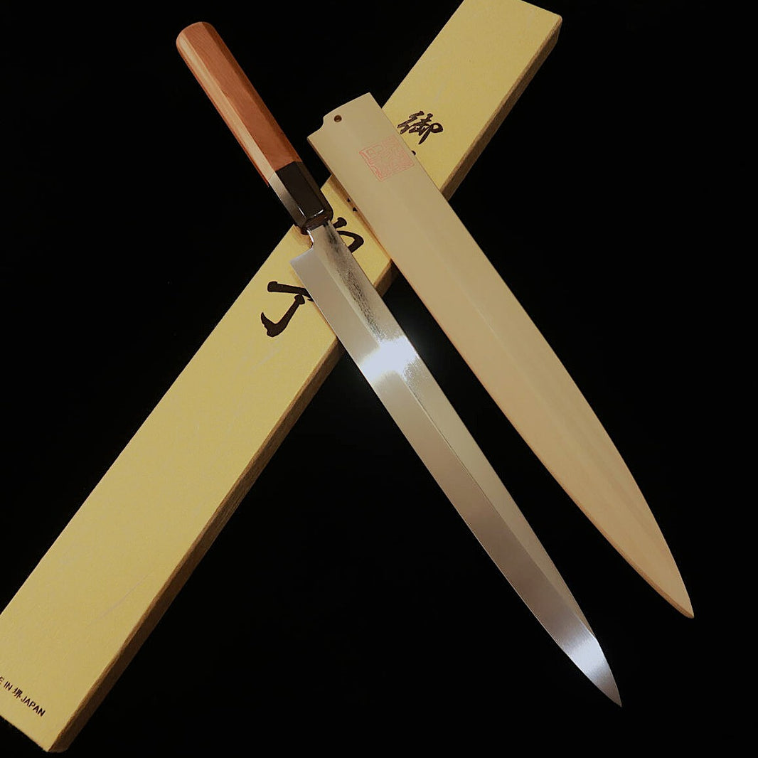 Yoshihiro Goumayoshi Fugu-hiki Knife, Mizumoto-yaki, Shirogami No. 2, Mirror Finish, Ichii Octagonal Handle, with Magnolia Sheath (270mm)