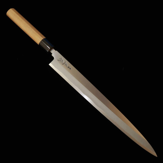 MASAMOTO SOHONTEN Yanagiba Kasumi, Acier Blanc n°2, manche en corne de buffle et en forme châtaigne (240-300 mm)