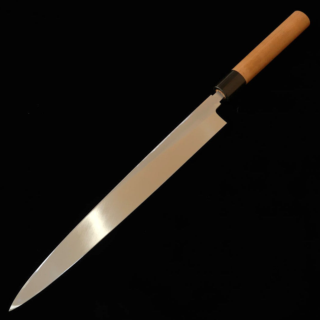 MASAMOTO SOHONTEN Yanagiba Kasumi, Acier Blanc n°2, manche en corne de buffle et en forme châtaigne (240-300 mm)