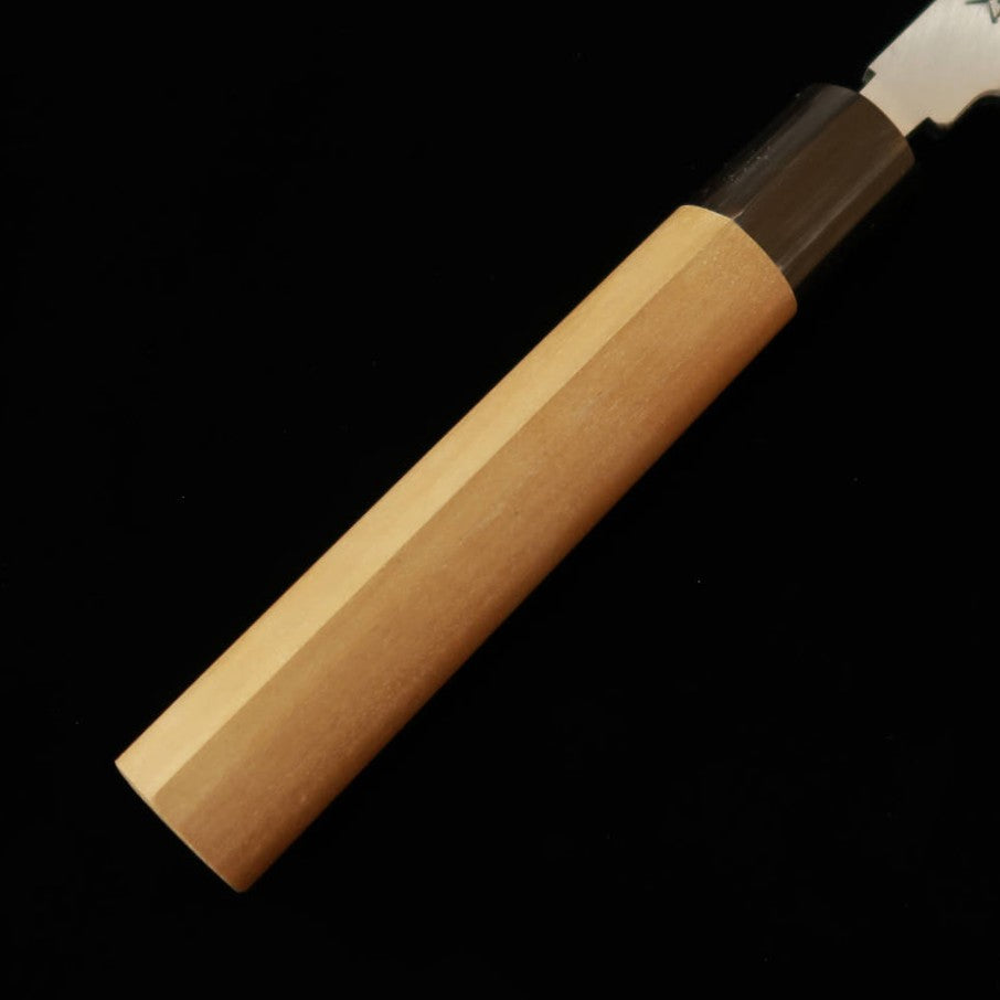 MASAMOTO SOHONTEN Yanagiba Kasumi, Acier Blanc n°2, manche en corne de buffle et en forme châtaigne (240-300 mm)