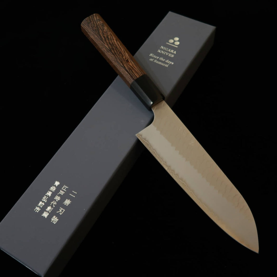 二唐刃物鍛造所 NIGARA SG2 磨き槌目 三徳 ウェンジ八角柄 (180mm)
