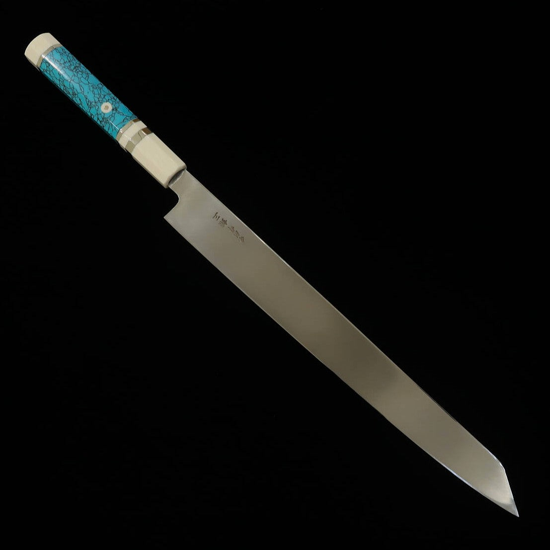 Kiritsuke Yanagiba Para canhotos MIURA Obidama Ginsan Cabo turquesa (300mm)
