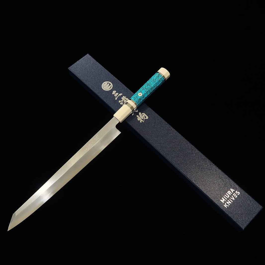 Miura Obidama Kiritsuke Yanagiba Knife, Left-Handed, Ginsan, Kito Finish, Turquoise Handle (300mm)