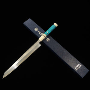 Kiritsuke Yanagiba Para canhotos MIURA Obidama Ginsan Cabo turquesa (300mm)