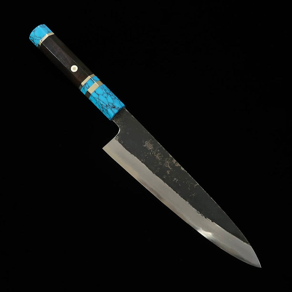 MIURA Itadaki Tanaka Giichi Gyuto Shirogami nº 2, acabamento Kurouchi, cabo turquesa (210 mm)