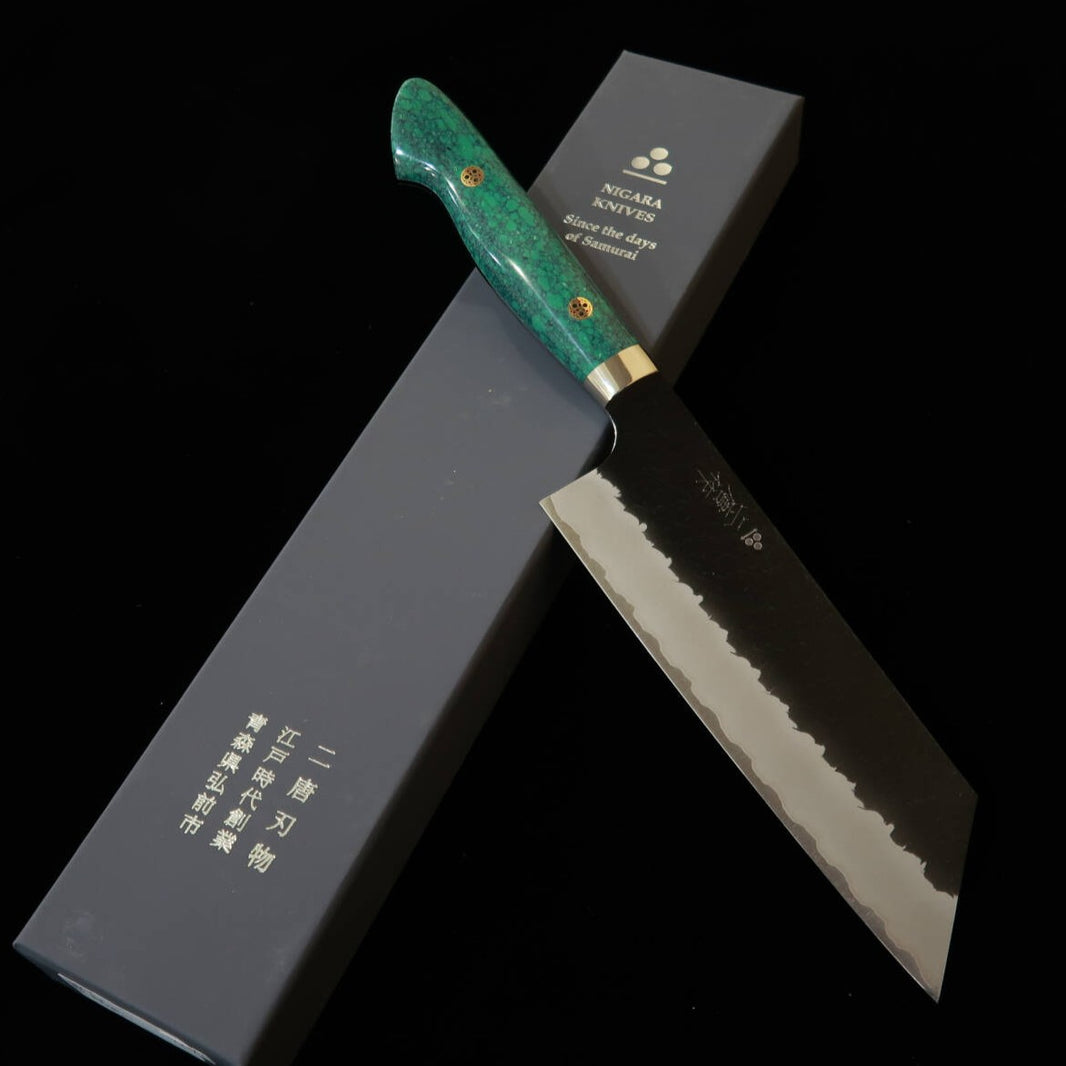二唐刃物鍛錬所NIGARA  切付菜切 SG2 黒打 槌目 ターコイズハンドル（180mm）