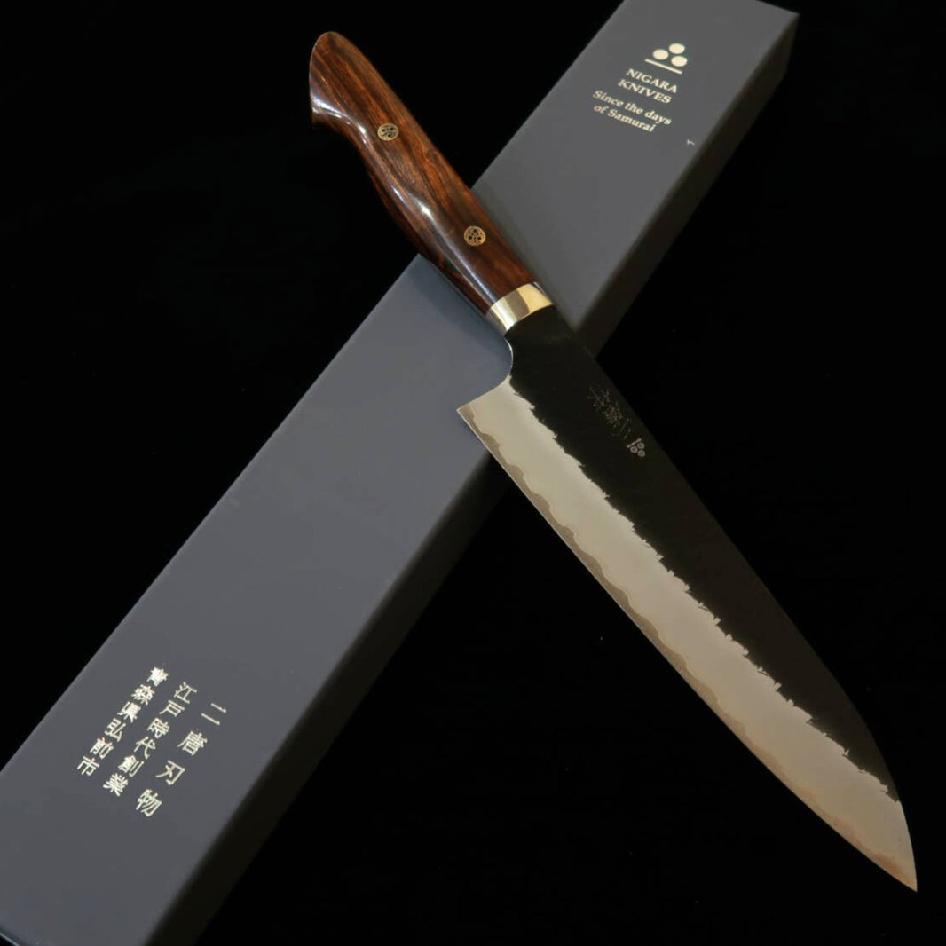 二唐刃物鍛錬所NIGARA  牛刀 SG2 黒打 鎚目 アイアンウッドハンドル（210mm）