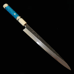 Miura Itadaki MIURA Itadaki Tanaka Giichi yanagiba Shirogami #2, acabamento negro forjado, cabo em turquesa branca (270 mm)