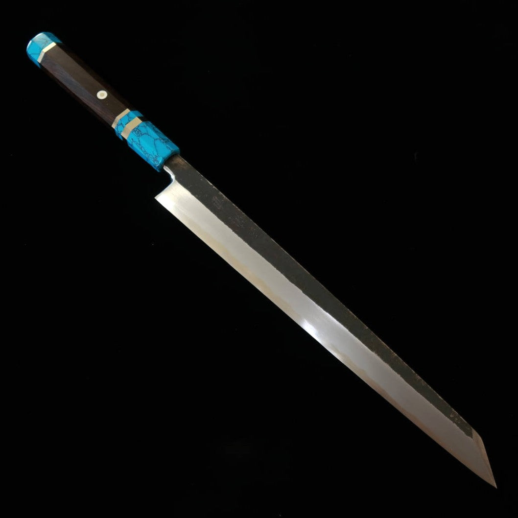 Miura Itadaki MIURA Itadaki por Yoshikazu Tanaka, yanagiba kiritsuke, aço branco #2, kuro-uchi, cabo em turquesa preta (300 mm)