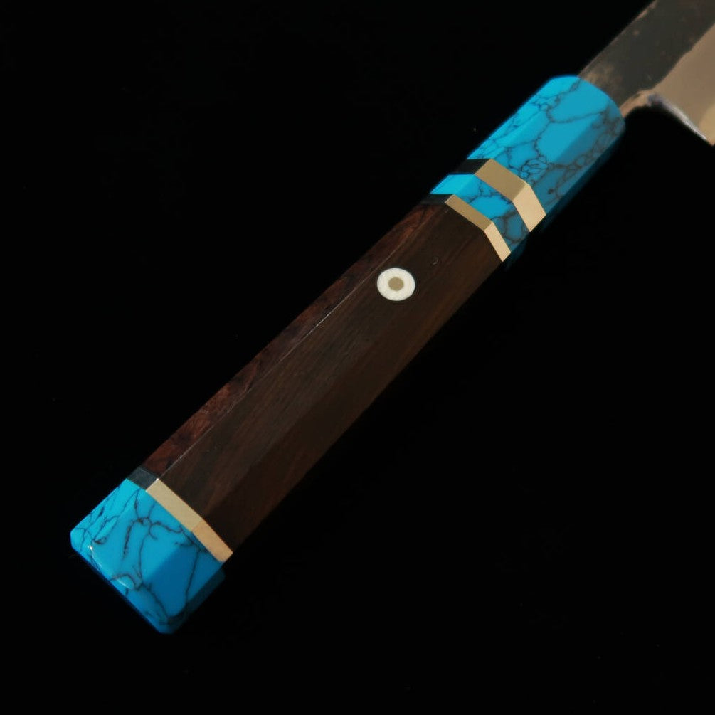 MIURA Itadaki – par Yoshikazu Tanaka, yanagiba kiritsuke acier blanc n°2, finition kuro-uchi, manche en turquoise noire (300 mm)