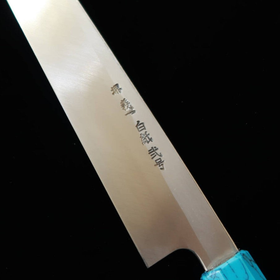 MIURA Itadaki – par Yoshikazu Tanaka, yanagiba kiritsuke acier blanc n°2, finition kuro-uchi, manche en turquoise noire (300 mm)