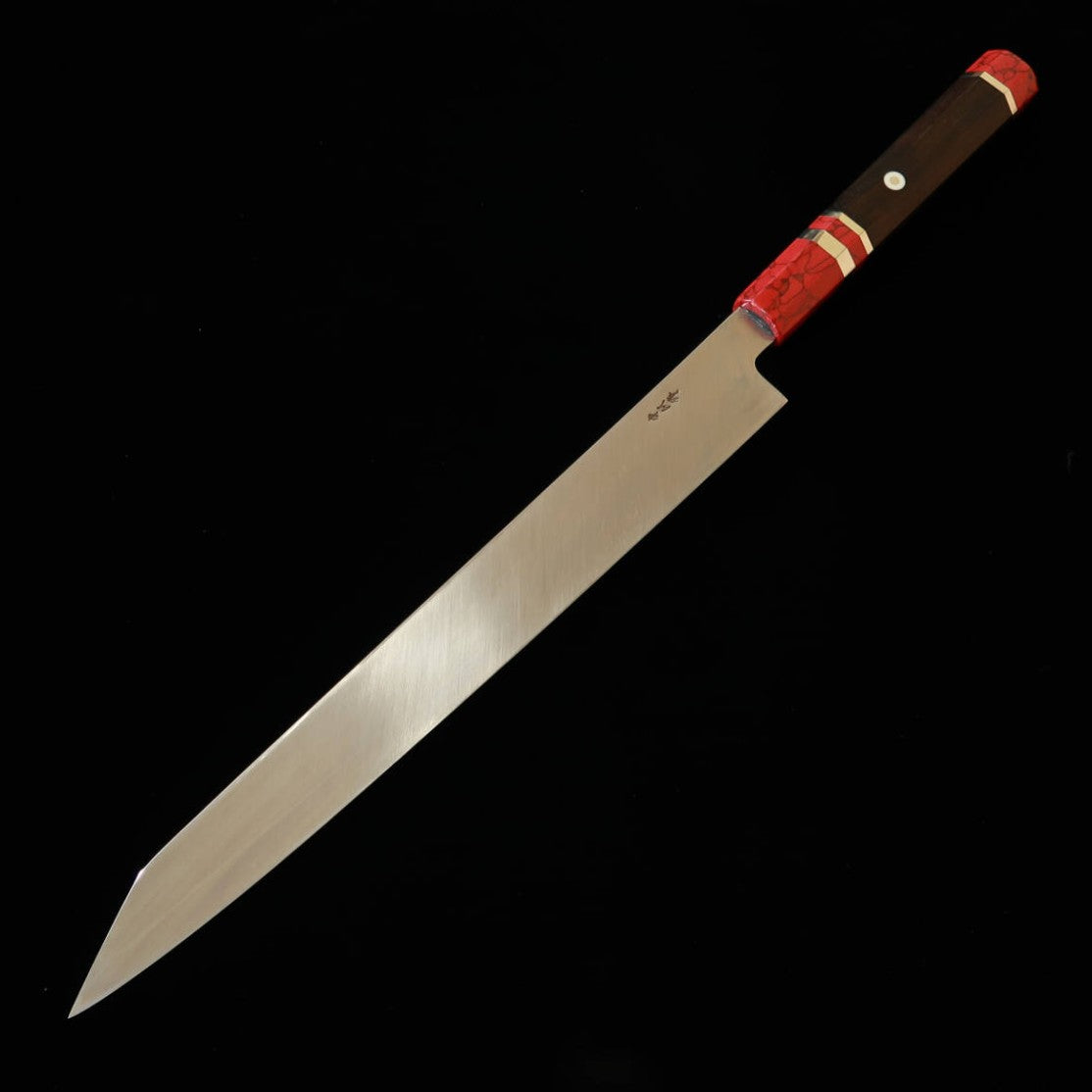 Couteau Kiritsuke Yanagiba Kandokoro Miura Obidama, Acier VG10 Miroir, Manche Custom Rouge (300 mm)