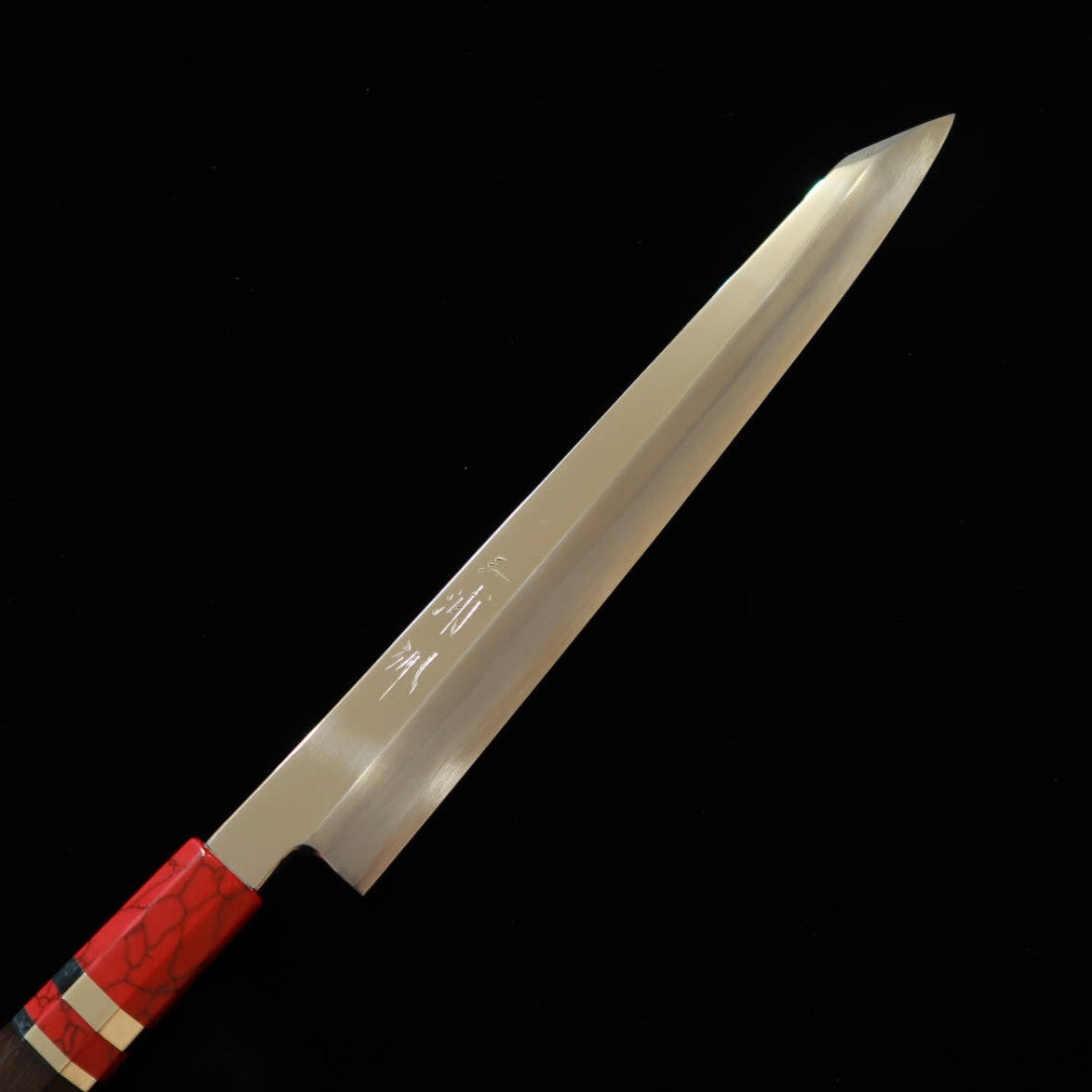 Couteau Kiritsuke Yanagiba Kandokoro Miura Obidama, Acier VG10 Miroir, Manche Custom Rouge (300 mm)