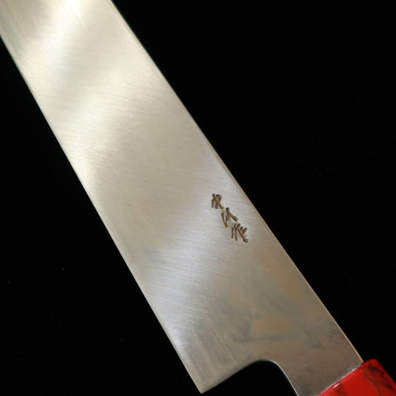 Couteau Kiritsuke Yanagiba Kandokoro Miura Obidama, Acier VG10 Miroir, Manche Custom Rouge (300 mm)