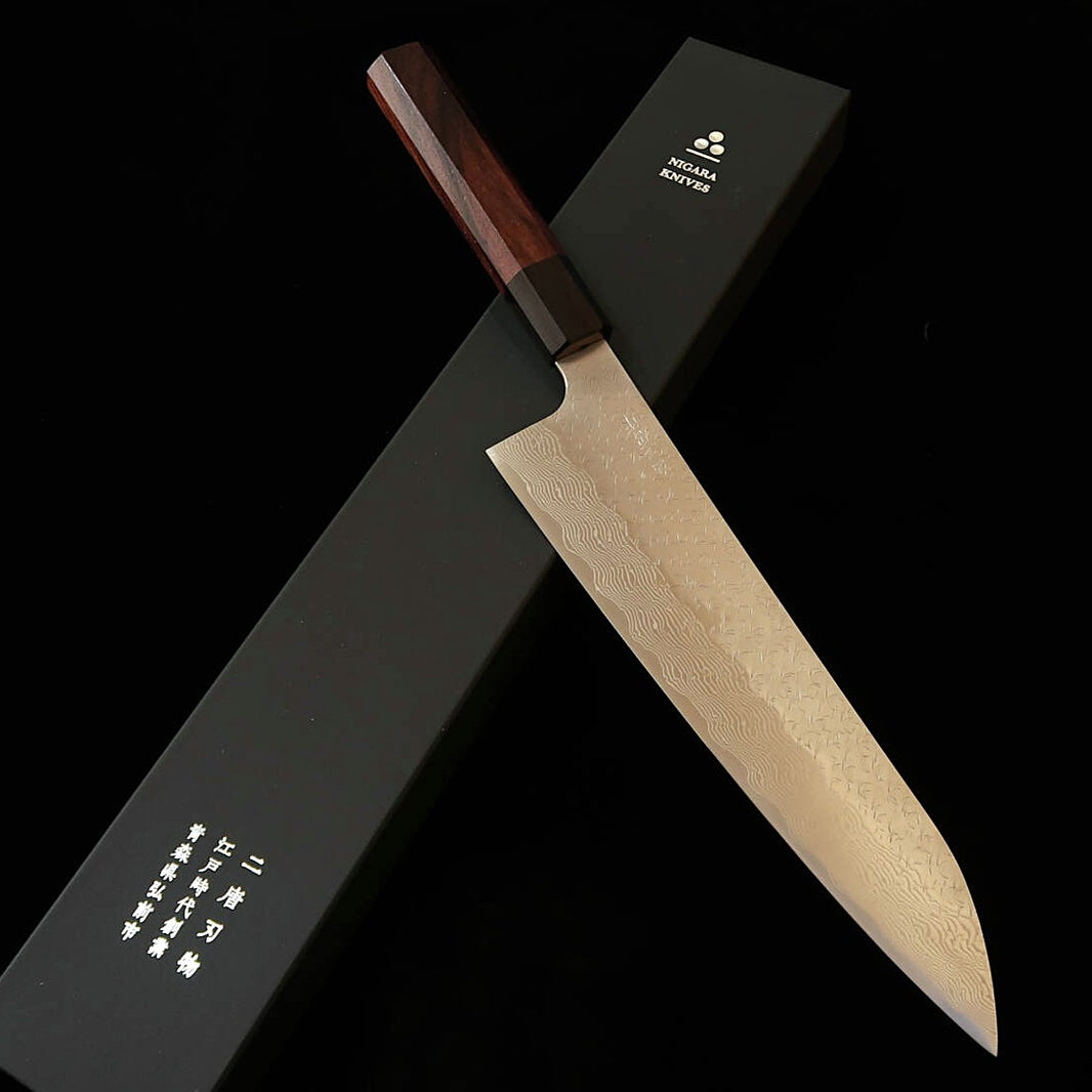 二唐刃物鍛造所NIGARA 牛刀 SG STRIX 鎚目 ダマスカス 紫檀柄 (210/240mm)