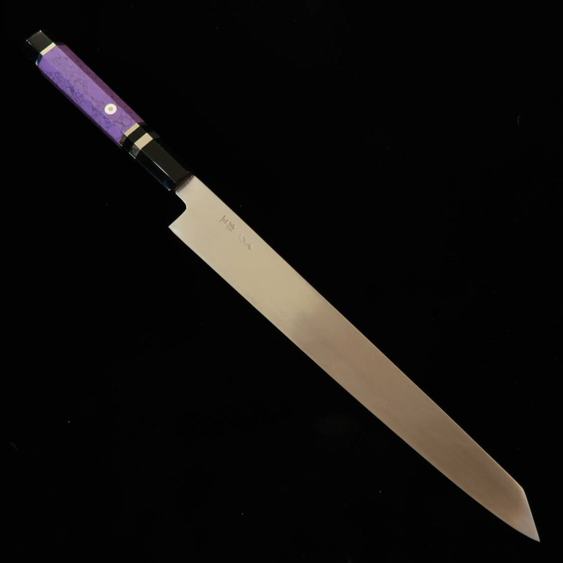 MIURA Obidama Kiritsuke Yanagiba Left-handed Gingami No. 3 Wood Stone Finish Custom Handle - Purple (300mm)