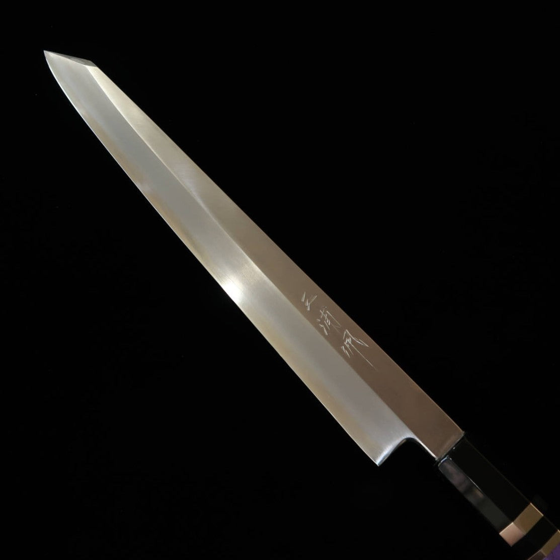 MIURA Obidama Kiritsuke Yanagiba Left-handed Gingami No. 3 Wood Stone Finish Custom Handle - Purple (300mm)