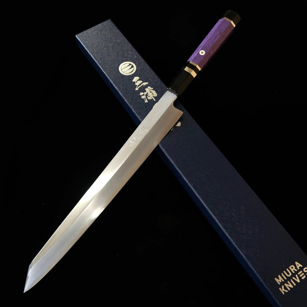 MIURA Obidama couteau yanagiba kiritsuke pour gaucher Gin-san n°3 finition « Kito » manche custom violet (300 mm)