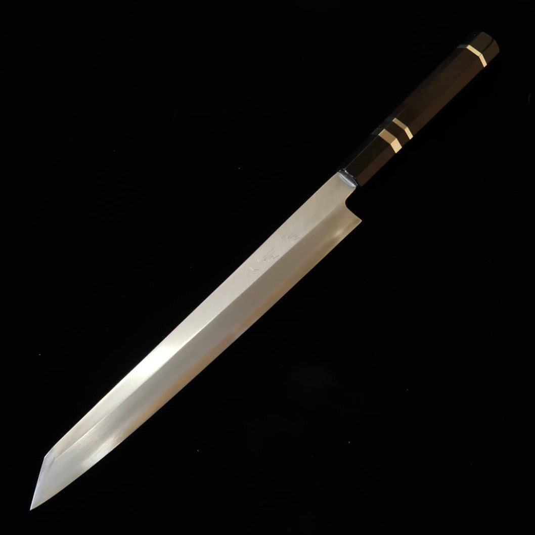 MIURA Obidama – Yanagiba kiritsuke pour gaucher, acier Gin-3, finition bois brut, manche en ébène avec bague argent (270 mm)
